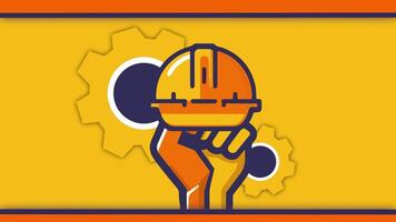 2d animation construction worker with fist, hammer and pliers in yellow background video