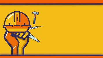 2d animation construction worker with fist, hammer and pliers in yellow background video