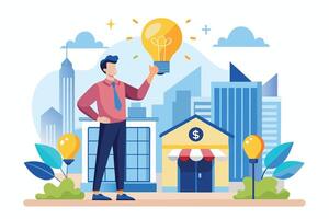 An illustration of a businessman holding a lightbulb above his head, symbolizing a new business idea. The cityscape in the background represents the potential for success. vector