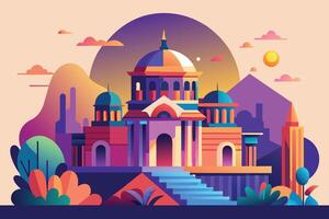 An illustration of a large building with multiple domes and a staircase in front, set against a sunset sky with clouds. vector