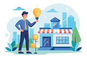 A man stands outside a small storefront holding a lightbulb, symbolizing a new business idea. He is dressed professionally, and the building features a red and white awning. vector