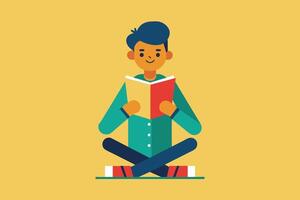A young man with short dark hair is sitting cross-legged on the floor while reading a book. He is smiling and appears to be enjoying his reading. vector