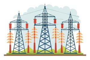A simple illustration of three power towers in a rural setting, with red insulators attached to the power lines. vector