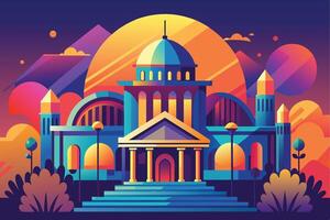 An illustration of a colorful, geometric building with a dome and a grand staircase against a night sky. vector