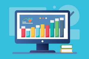 An illustration of a computer monitor displaying a bar chart with different colors. There are also two books on a desk in front of the computer. vector