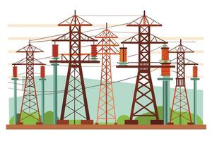 Illustration of a row of six transmission towers with power lines and insulators, set against a simple landscape. vector