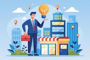A businessman stands in front of a modern city, holding a briefcase and presenting a light bulb, symbolizing a new idea. vector
