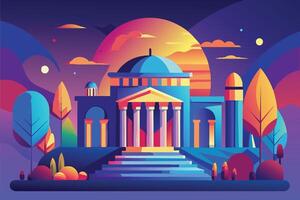 A colorful illustration of a classic building with a dome, set against a vibrant sunset sky. The building has a set of stairs and columns, and is surrounded by trees and bushes. vector