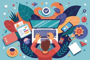 An illustration of a person working on a laptop, surrounded by digital devices and colorful plants. vector