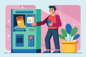 A man with a tablet in hand is standing in front of a vending machine. He is pointing at the snack selection on the screen and looking at the machine. vector