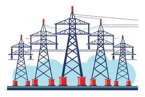 An illustration of five tall electric towers, each with red insulators, standing in a row against a white background with a blue cloudy sky behind them. vector
