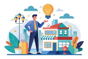 A businessman stands in front of a storefront in a city, holding a lightbulb above his head, symbolizing a new business idea. vector