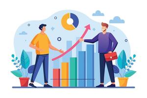Illustration of two businessmen shaking hands in front of a bar graph showing growth, with an arrow pointing up. vector