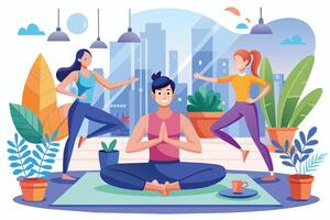 A man meditates on a mat with a calm expression as two women exercise in the background, all with an urban city view behind them. vector