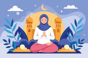 A woman in a hijab prays in front of a mosque with a crescent moon in the sky. vector