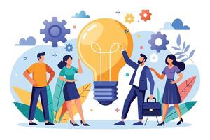 A cartoon illustration depicts a team of four business people working together on a new idea. The central focus is a large lightbulb symbolizing a brilliant idea. vector