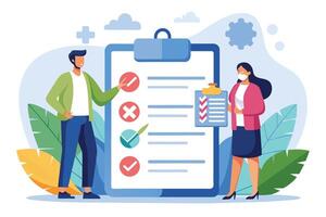 An illustration of two people reviewing a checklist. The checklist is a large clipboard with multiple checkboxes, some marked with checkmarks, others with cross marks. vector