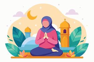 An illustration of a woman in a hijab praying in front of a mosque at night. The crescent moon is visible in the sky, along with stars and clouds. vector