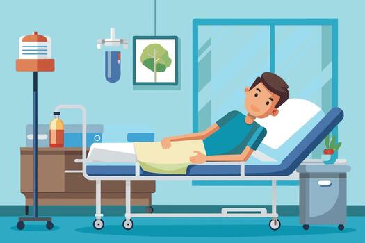 An illustration of a man resting in a hospital bed with an IV bag hanging above him. He is smiling and looking relaxed. There is a window with a view of a tree outside. vector