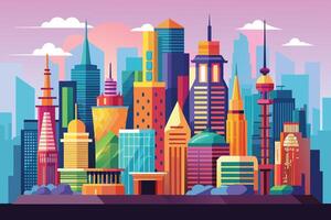 A vibrant illustration of a modern city skyline with towering buildings and clouds in a sunset sky. vector