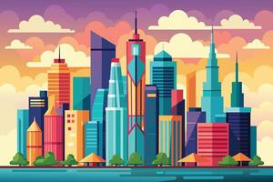 A digital illustration of a city skyline at sunset. The image depicts numerous tall buildings with vibrant colors and a cloudy sky. vector