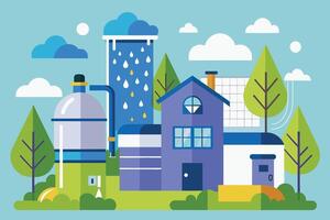 An illustration depicting a green home with rainwater collection and solar panels, surrounded by trees and clouds. vector