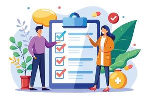 A man and woman stand in front of a large checklist with all items marked complete, a medical icon represents successful completion. vector