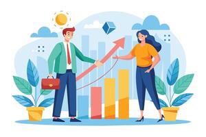 Illustration of a man and woman shaking hands with an upward arrow in front of them symbolizing business growth. vector