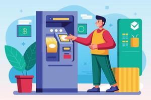 A man stands in front of a blue ATM machine, using the touchscreen to withdraw cash. vector