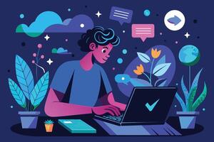 An illustration of a man working on his laptop, surrounded by digital elements like clouds, stars, and speech bubbles. vector