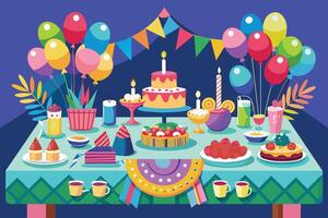 A cheerful birthday party table adorned with colorful balloons, a birthday cake with candles, and an array of delicious treats. vector