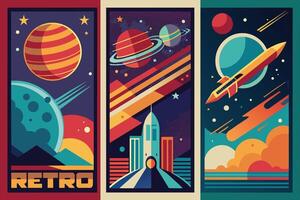 A set of three retro space exploration posters featuring planets, rockets, and stars. Each poster has a unique design with bold colors and geometric shapes. vector