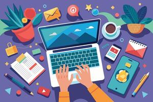 A top-down illustration of a person using a laptop on a desk surrounded by various items, including a cup of coffee, a phone, and plants. vector