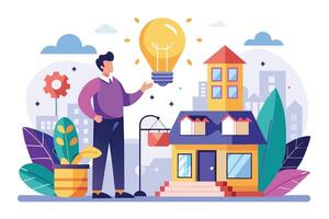 An illustration of a man with a lightbulb above his head, suggesting a new idea. He is standing in front of a new building design, showcasing his creativity. vector