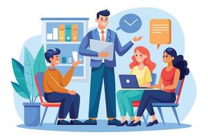 A businessman in a suit leads a team meeting with three other colleagues in an office setting. They are all sitting in chairs, with the businessman standing and presenting information. vector
