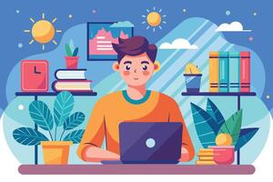 A man sits at his desk working on a laptop computer, with books, a clock, a plant, and a sunny day backdrop. vector