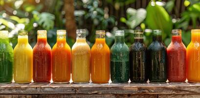 Colorful Glass Bottles of Juice Lined Up on Wooden Table With Green Plants in Background photo