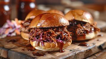 Close Up of Delicious Pulled Pork Sandwiches With Coleslaw on a Wooden Cutting Board photo