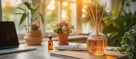 Reed Diffuser Scented Oil on Wooden Table With Plants and Laptop in Background photo