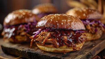 Close Up of Delicious Pulled Pork Sandwiches With Coleslaw on a Wooden Cutting Board photo