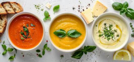 Three Bowls of Tomato Soup With Fresh Basil and Bread Slices photo