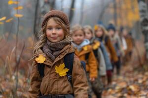 Children Exploring Autumn Leaves in a Forest photo