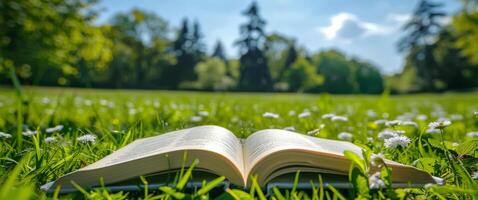 Open Book On Lush Green Grass In A Sunny Forest Clearing photo