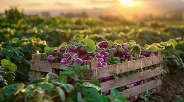 Freshly Harvested Eggplants in Wooden Crate at Sunset photo