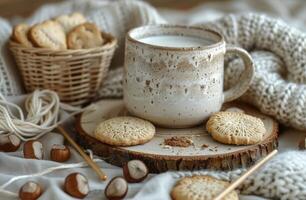 Cozy Autumn Afternoon With Milk, Cookies, and Hazelnuts photo