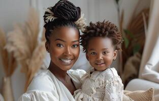 Smiling Mother and Daughter in a Cozy Home Setting photo