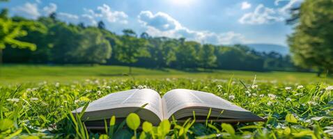 Open Book On Lush Green Grass In A Sunny Forest Clearing photo