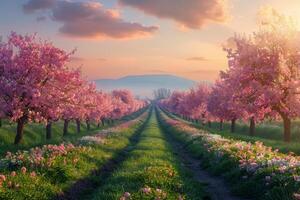 A Bench Under Pink Cherry Blossom Trees in a Springtime Orchard photo