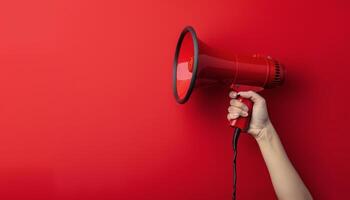 Yellow Megaphone Held By Hand Against Red Background photo
