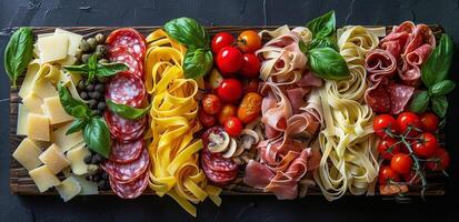 Italian Inspired Appetizer Board With Pasta, Salami, and Cherry Tomatoes photo